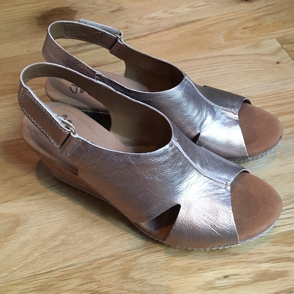 Clarks Metallic Rose Gold Slingback Wedge Sandals